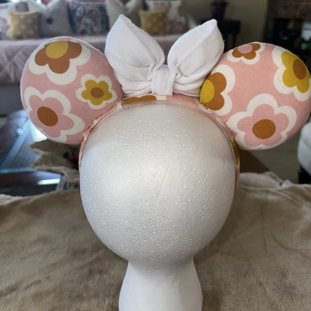 Handmade Minnie Ears! Super Cute Retro 70s Style Pink & Yellow Flower Ears. New